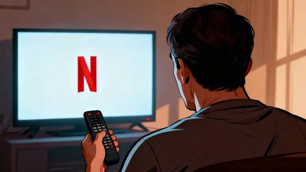 Hombre sentado en el salón, sosteniendo el mando a distancia mientras mira una televisión con el logotipo de Netflix en pantalla.