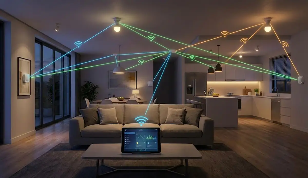 Salón y cocina modernos con sensores de presencia conectados a las luces mediante domótica inalámbrica