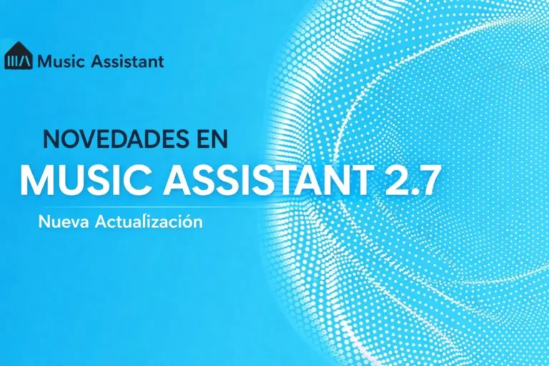 Portada en azul de Music Assistant con patrón de puntos y el texto “Novedades en Music Assistant 2.7” y “Nueva Actualización”