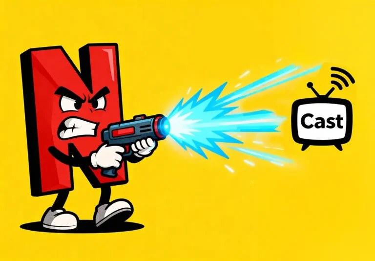 Ilustración estilo cartoon de una N roja tipo Netflix disparando con una pistola láser azul al icono de Cast sobre fondo amarillo, simbolizando el fin del casting en Smart TV y Chromecast.