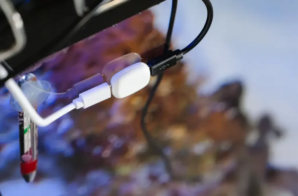 Shelly The Pill conectado por USB-C y a una sonda de temperatura impermeable, listo para monitorizar la temperatura en una instalación domótica