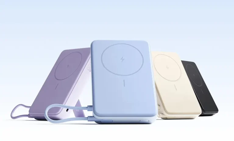 Xiaomi Magnetic Power Bank 10000 con soporte integrado en cuatro colores (azul, morado, beige y negro), con carga inalámbrica magnética