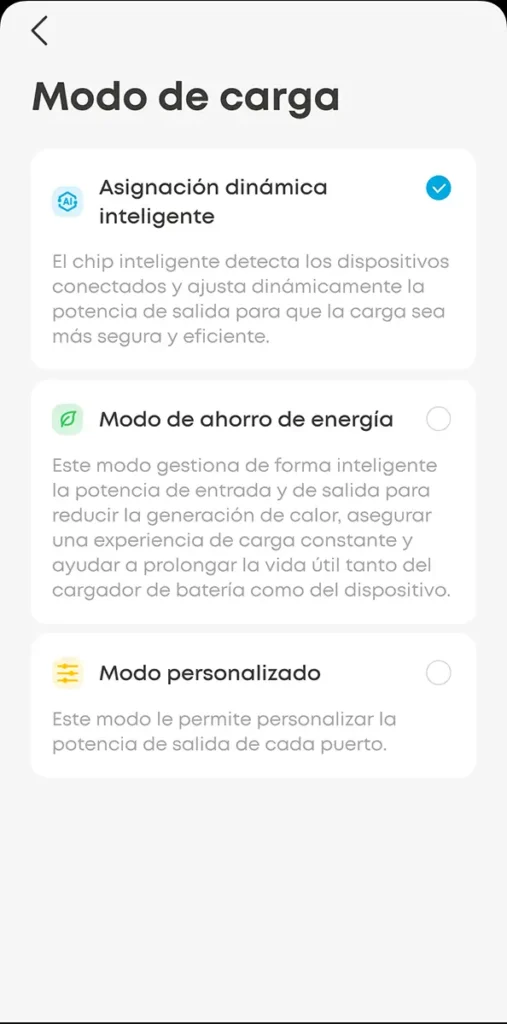 Modos de carga en la app de Anker para la Prime 20K: asignación dinámica, ahorro de energía y modo personalizado.