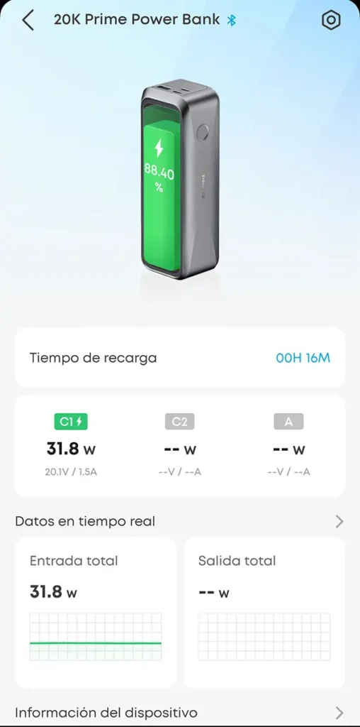 App de Anker mostrando recarga de la Anker Prime 20K: entrada 31,8W por USB-C y tiempo estimado 00h16m