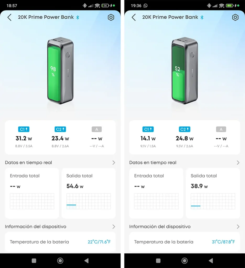 Capturas de la app de Anker mostrando carga doble: 31,2W + 23,4W al inicio y 14,1W + 24,8W más tarde (Anker Prime 20K 220W)