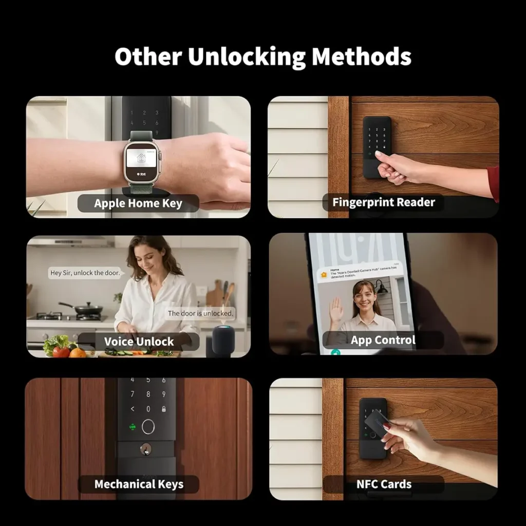 Infografía de Aqara que muestra otros métodos de desbloqueo de la Smart Lock U400: Apple Home Key, lector de huella, control por voz, control desde la app, llave mecánica y tarjeta NFC.