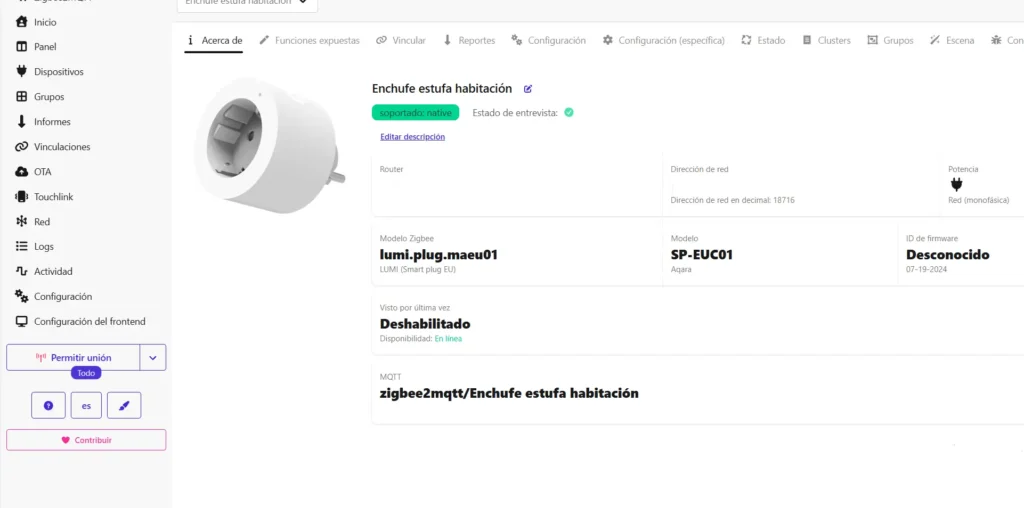 Aqara Smart Plug EU (SP-EUC01) instalado en Home Assistant con Zigbee2MQTT: pantalla ‘Acerca de’ con modelo lumi.plug.maeu01 y estado Router