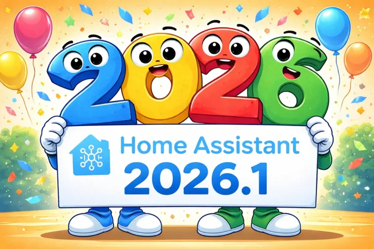 Ilustración de Home Assistant 2026.1 con un “2026” sonriente sosteniendo un cartel, portada para noticias de actualización y novedades de Home Assistant