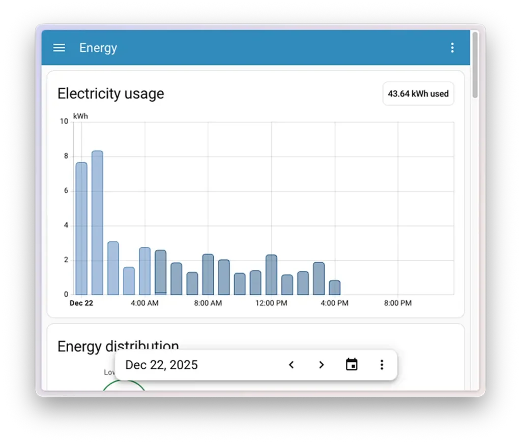 Captura del panel de Energía de Home Assistant 2026.1 con el selector de fechas fijo abajo (sticky) para cambiar periodos sin perder de vista las gráficas de consumo eléctrico