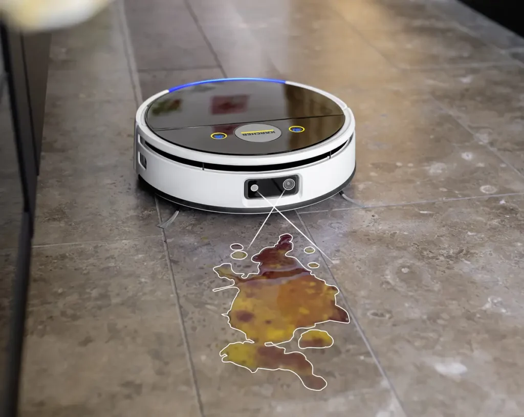 Robot aspirador y friegasuelos Kärcher RVF 7 detectando una mancha en el suelo con cámara y navegación inteligente