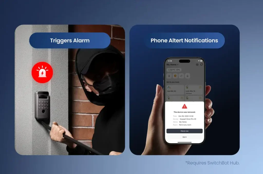 Alerta de manipulación y notificaciones al móvil en SwitchBot Keypad Vision Pro (requiere hub)