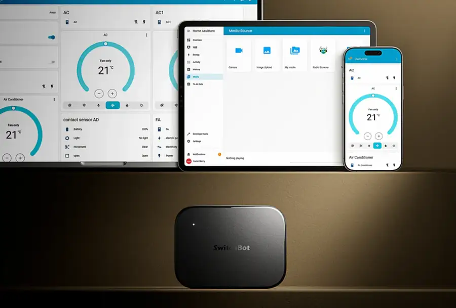 SwitchBot AI Hub mostrando integración con Home Assistant en móvil y tablet para controlar dispositivos inteligentes y automatizaciones con cámaras RTSP