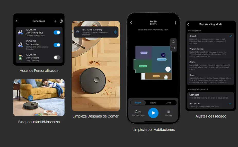 Capturas de la app Tapo del RV50 Pro Omni con horarios personalizados, bloqueo infantil/mascotas, limpieza después de comer, limpieza por habitaciones y ajustes de fregado con lavado de mopas en agua caliente.