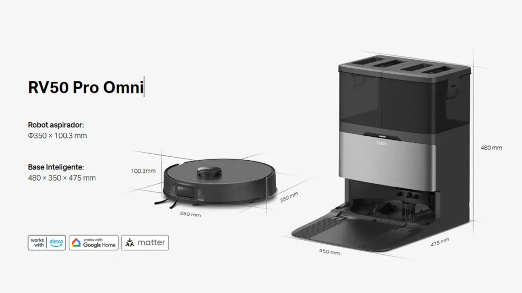 Dimensiones del Tapo RV50 Pro Omni: robot aspirador Ø350 × 100,3 mm y base Omni 480 × 350 × 475 mm, compatible con Alexa, Google Home y Matter.