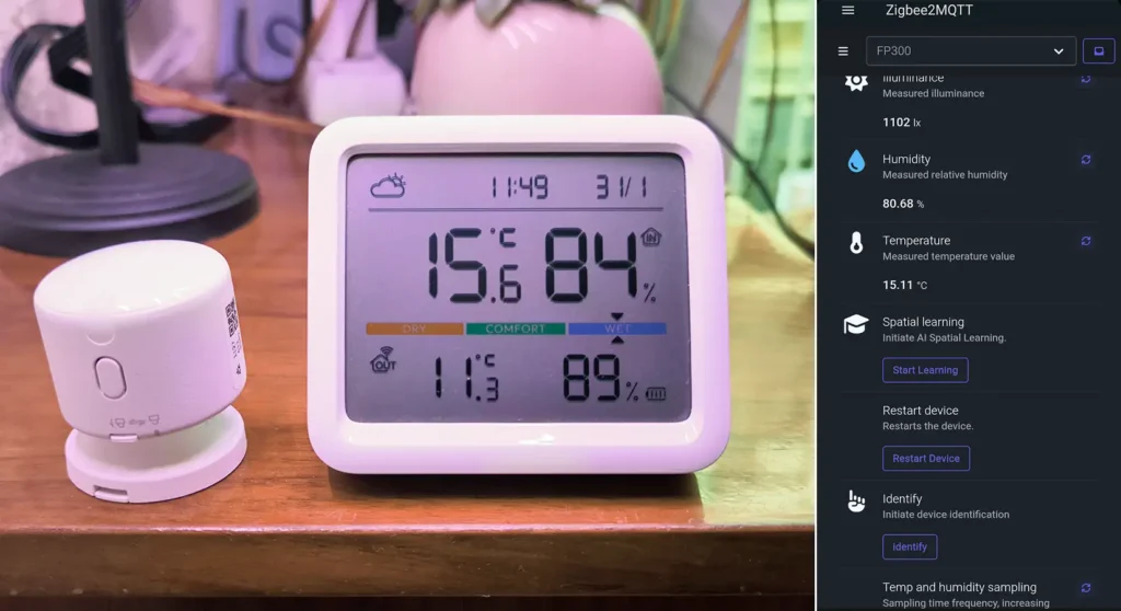 Aqara FP300 junto a SwitchBot Meter Pro comparando temperatura y humedad en Home Assistant (Zigbee2MQTT).