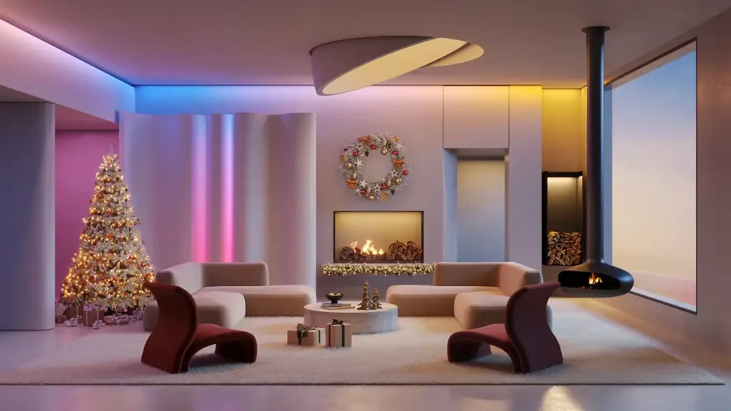 Salón moderno con árbol de Navidad y chimenea, iluminado con luz ambiental LED en tonos azul, rosa y amarillo alrededor del techo y las paredes.