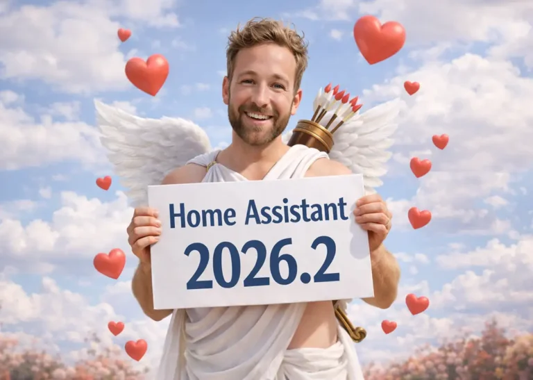 Imagen de portada de Home Assistant 2026.2 con un hombre disfrazado de cupido sosteniendo un cartel con el nombre de la versión, cielo azul y corazones flotando