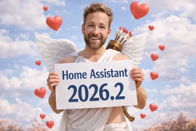 Imagen de portada de Home Assistant 2026.2 con un hombre disfrazado de cupido sosteniendo un cartel con el nombre de la versión, cielo azul y corazones flotando