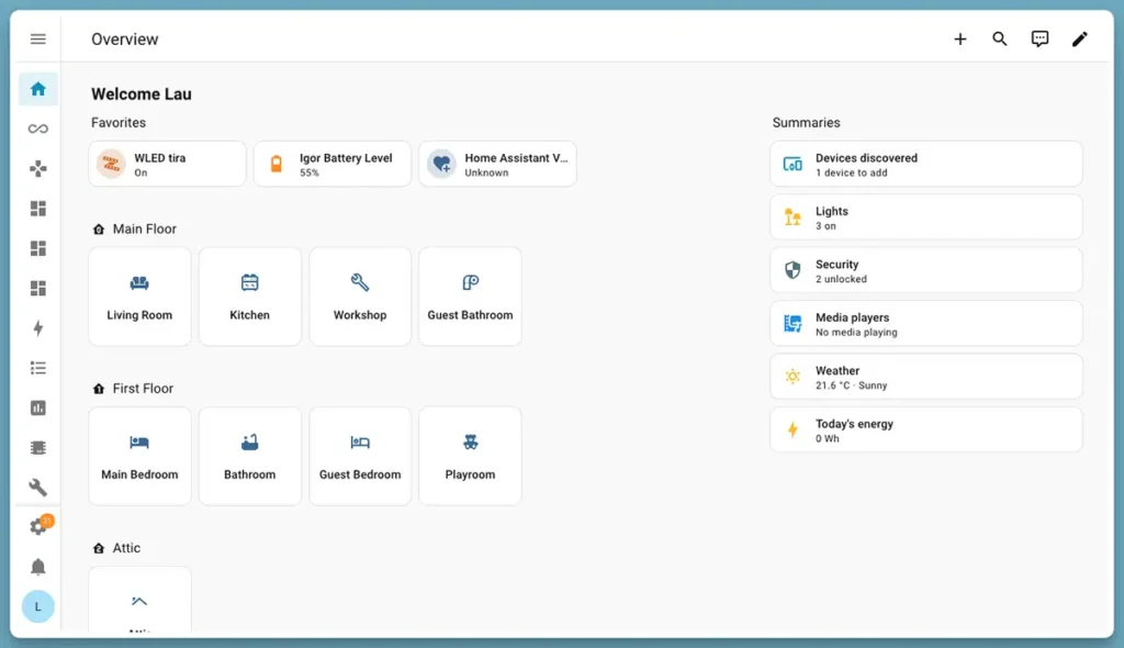 Captura del nuevo Overview de Home Assistant con accesos por áreas (salón, cocina, baño) y un panel lateral de resúmenes con dispositivos descubiertos, luces, seguridad, reproductores, tiempo y energía