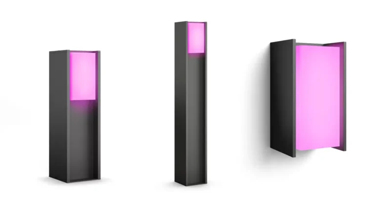 Lámparas Philips Hue Turaco de exterior en antracita (pedestal, poste para caminos y aplique de pared) iluminando en color rosa sobre fondo blanco.