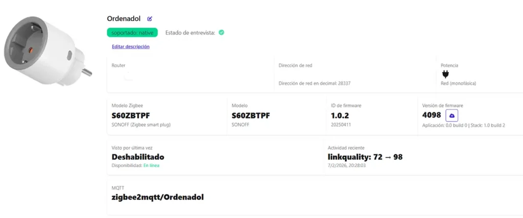 SONOFF S60ZBTPF emparejado en Zigbee2MQTT para Home Assistant con soporte nativo y linkquality.