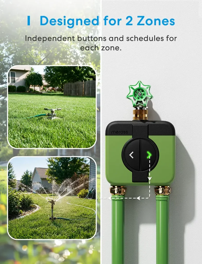 Imagen promocional del Meross Smart Sprinkler Timer MST200 destacando su diseño para 2 zonas de riego, con botones independientes y dos salidas conectadas a mangueras para controlar áreas distintas del jardín.
