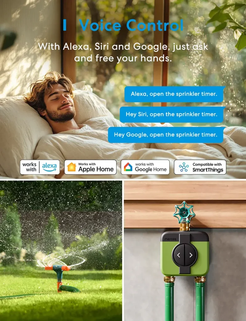 Imagen promocional del Meross Smart Sprinkler Timer MST200 con control por voz y compatibilidad con Alexa, Apple Home, Google Home y SmartThings, junto a escenas de riego y del temporizador instalado en un grifo exterior.