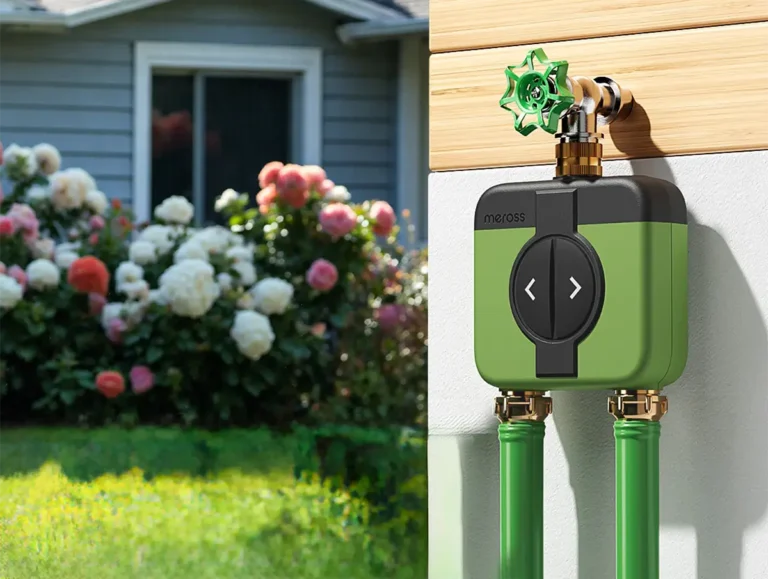 Temporizador de riego inteligente Meross MST200 instalado en un grifo exterior con doble salida para dos zonas de riego
