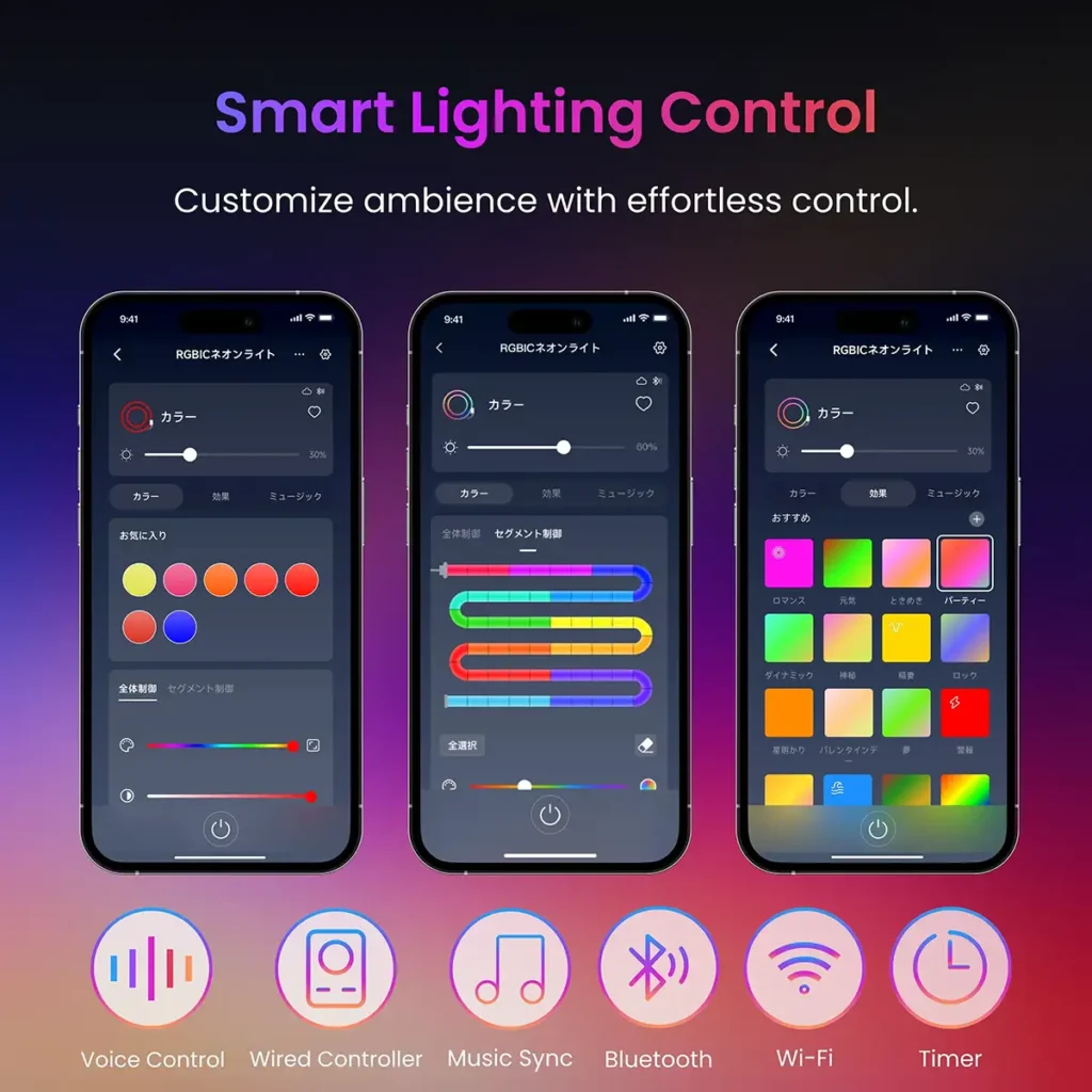 Capturas de la app SwitchBot para controlar la RGBIC Neon Rope Light: selección de color y control por segmentos, con funciones de voz, sincronización musical, Bluetooth, Wi-Fi y temporizador.