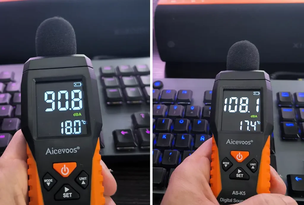 Sonómetro midiendo el Xiaomi Sound Party: 90,8 dBA al 50% y 108,1 dBA al 100% de volumen