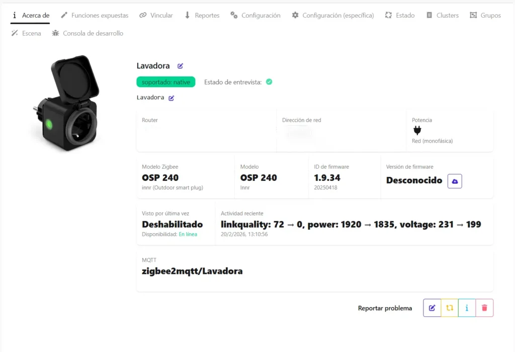 Pantalla de Zigbee2MQTT en Home Assistant mostrando el enchufe Innr OSP 240 (renombrado como “Lavadora”), con estado soportado nativo y lecturas de linkquality, potencia y voltaje.