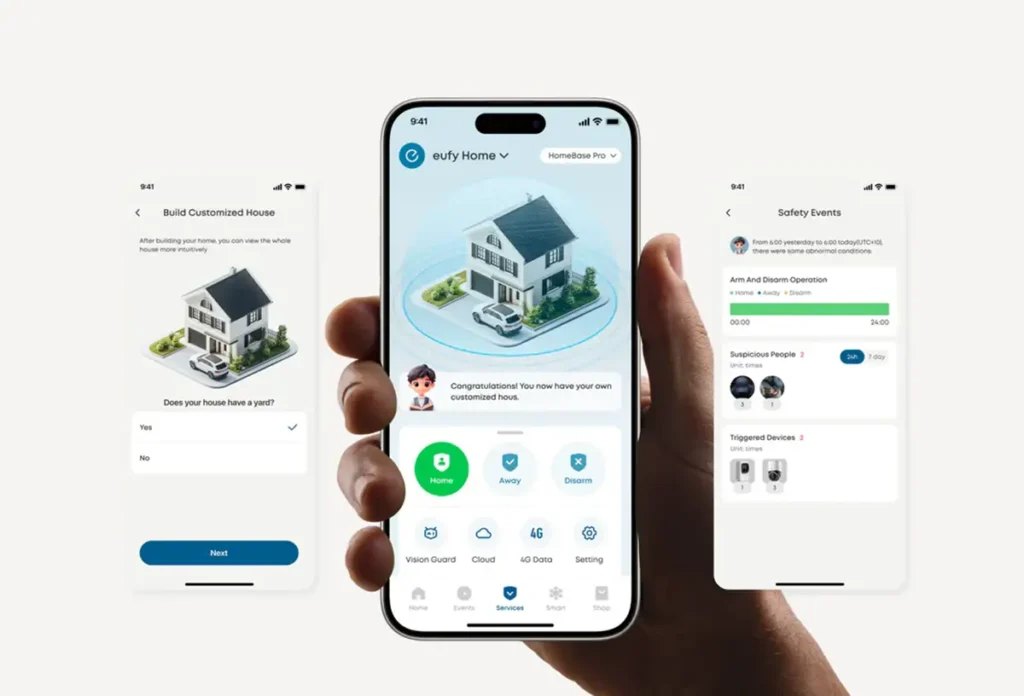 App eufy Security en un iPhone mostrando la pantalla principal y el historial de eventos de seguridad, con interfaz de modos Hogar, Fuera y Desarmar.