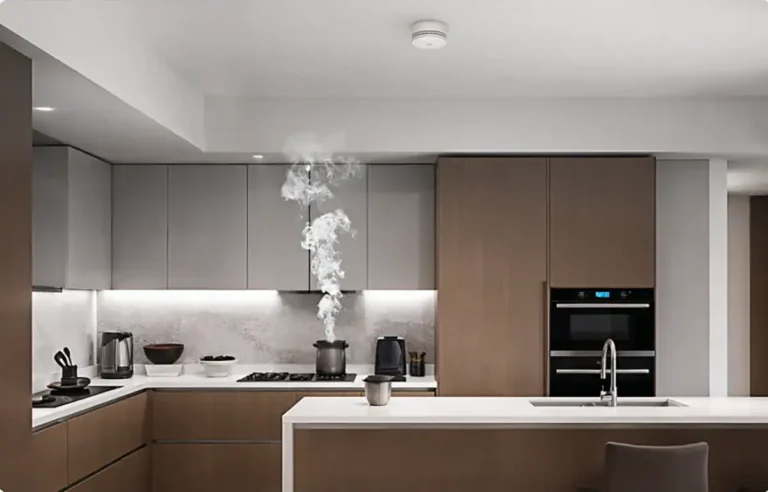 Cocina moderna con una olla echando humo bajo un detector de humo en el techo.