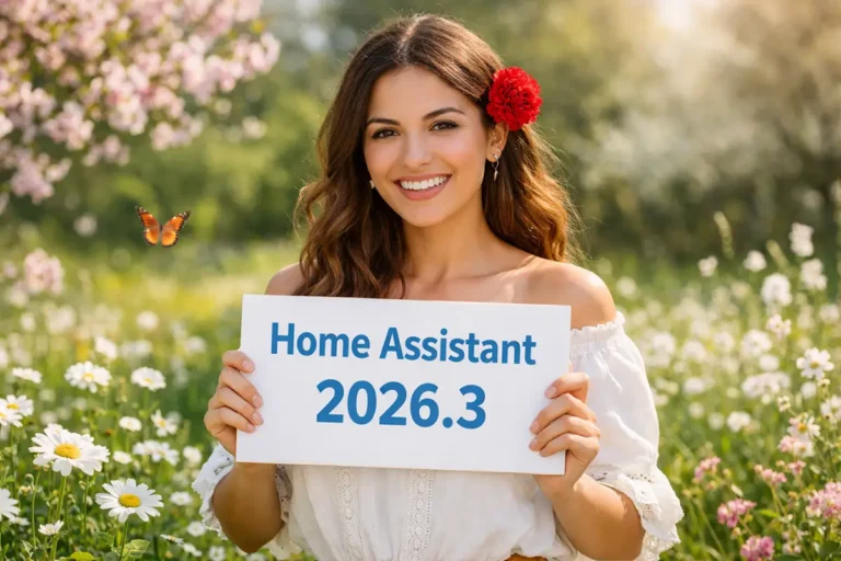 Chica sosteniendo un cartel blanco con el texto “Home Assistant 2026.3” en un entorno primaveral con flores y luz cálida.