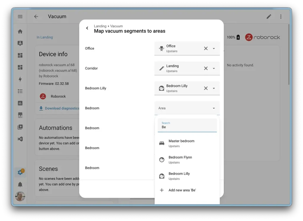 Interfaz de Home Assistant mostrando la opción para mapear segmentos del robot aspirador a las áreas de la casa, permitiendo limpiar habitaciones específicas como dormitorio, oficina o pasillo.