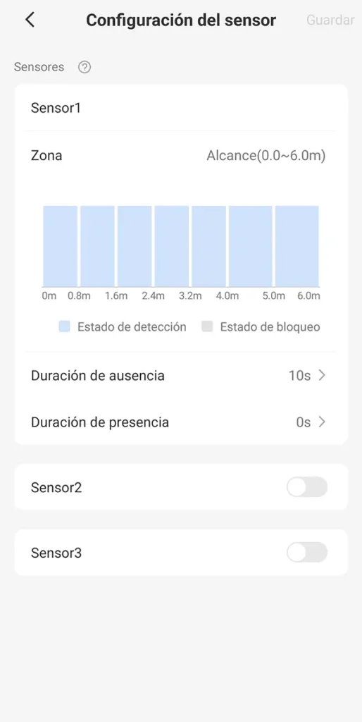 Pantalla de configuración del Meross MS605 con ajuste de zonas de detección y duración de presencia y ausencia