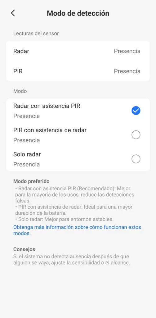 Pantalla de la app de Meross con los modos de detección del MS605: radar con asistencia PIR, PIR con asistencia de radar y solo radar