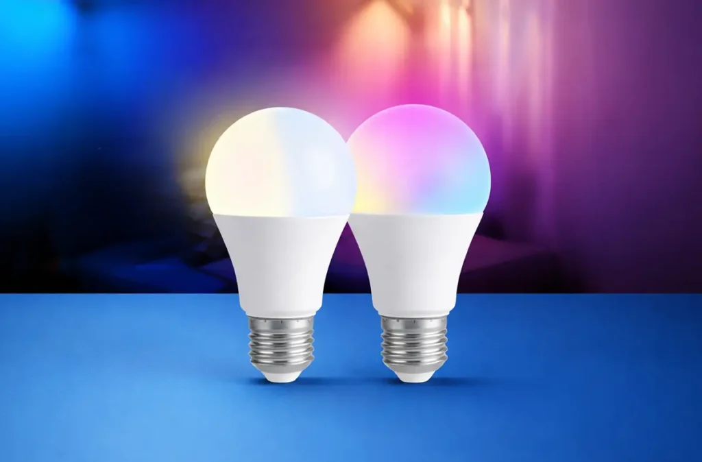 Dos bombillas inteligentes Shelly Duo y Multicolor Bulb E27 Gen3 sobre fondo azul y morado con luz blanca y RGB