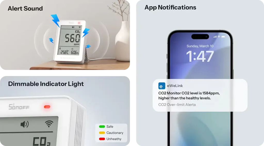SONOFF AirGuard CO2 con alertas por sonido, luz indicadora regulable y notificaciones en la app eWeLink cuando el nivel de CO2 supera el valor saludable.
