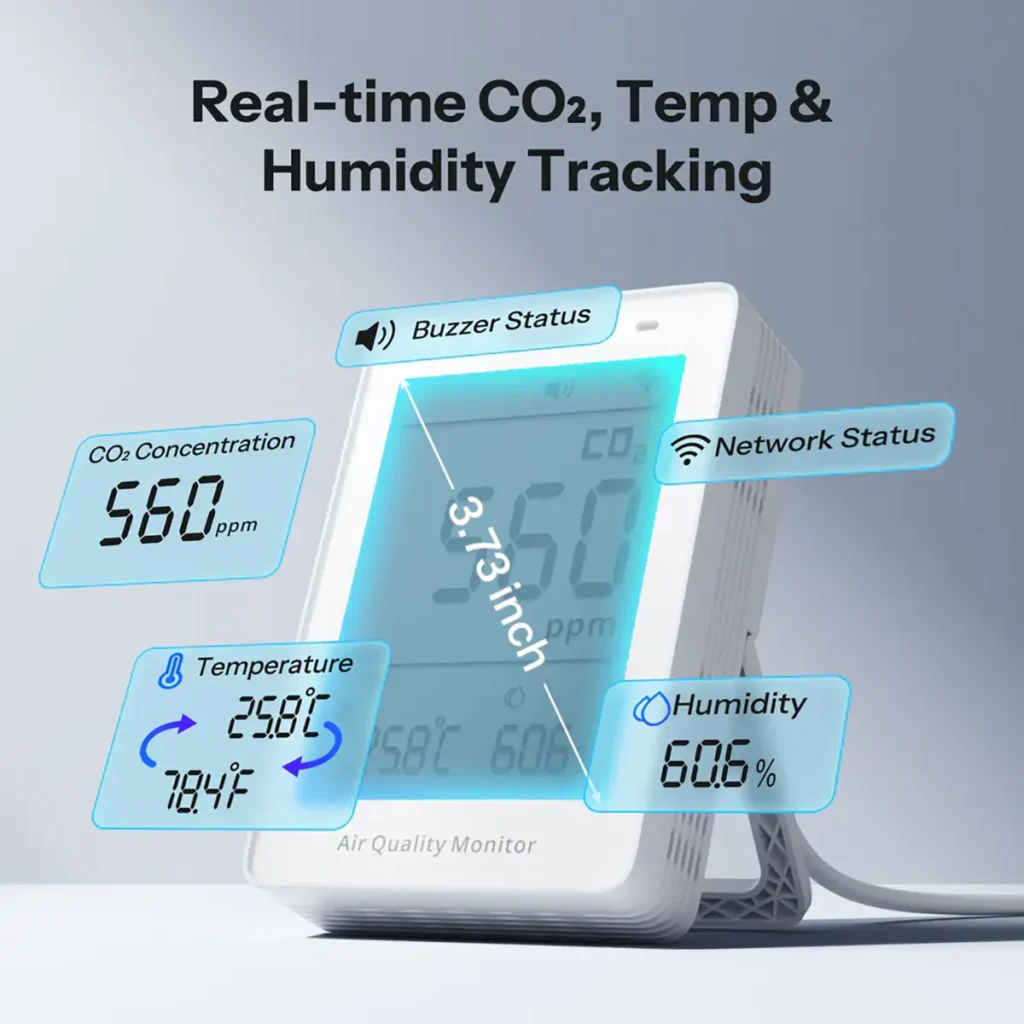 Monitor de calidad del aire SONOFF AirGuard CO2 con pantalla de 3,13 pulgadas y seguimiento en tiempo real de CO2, temperatura y humedad, con indicadores de red y avisos sonoros.