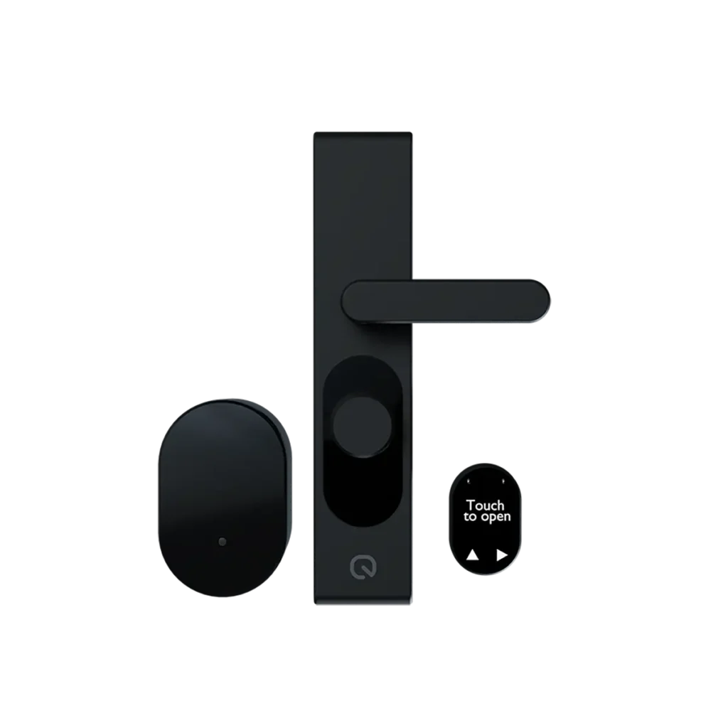 Cerradura inteligente LOQED Touch Smart Lock en color negro con módulo Touch to Open y diseño sin llave para puerta de entrada