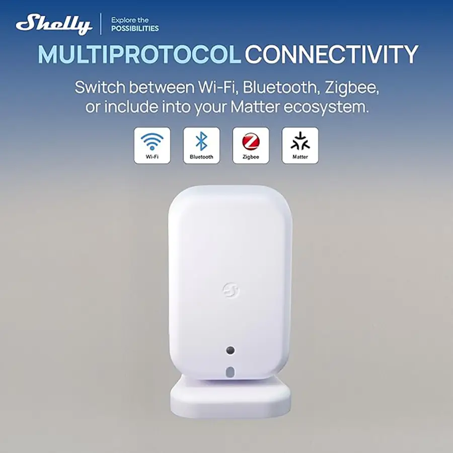 Imagen promocional del Shelly Presence Gen4 con conectividad Wi-Fi, Bluetooth, Zigbee y Matter