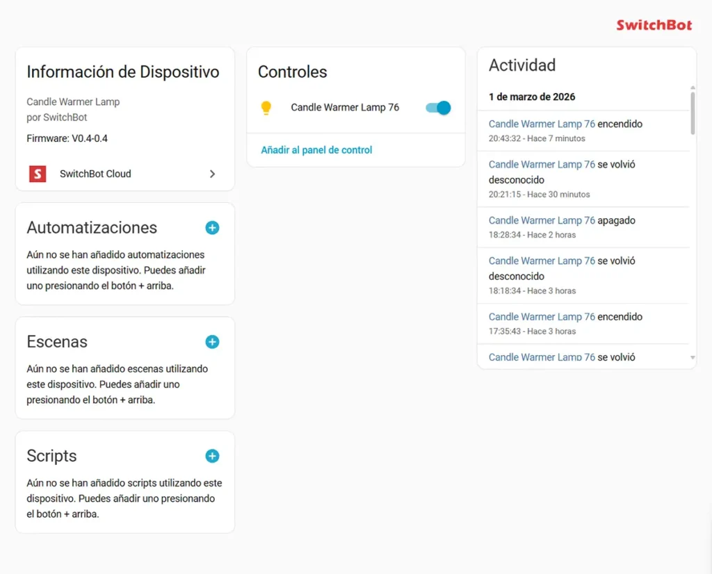 Panel del SwitchBot Candle Warmer Lamp en Home Assistant mediante SwitchBot Cloud, con control de encendido y registro de actividad del dispositivo