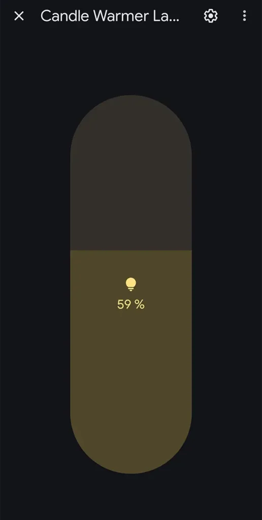 Control del SwitchBot Candle Warmer Lamp en Google Home, con la intensidad ajustada al 59 %