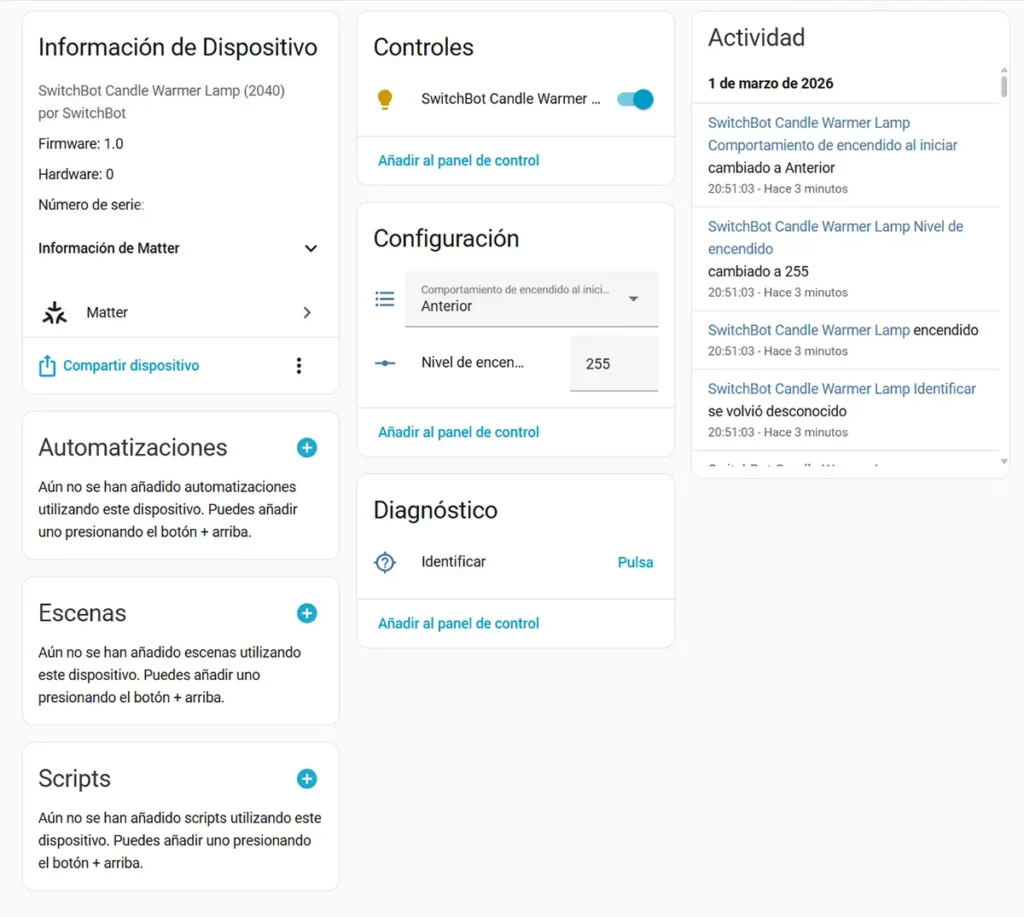 Panel del SwitchBot Candle Warmer Lamp en Home Assistant a través de Matter, con control de encendido, ajuste de nivel y opciones de configuración del dispositivo