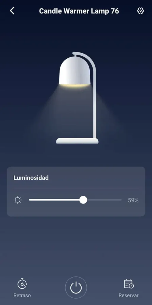 Pantalla principal del SwitchBot Candle Warmer Lamp en la app, con ajuste de luminosidad al 59 % y accesos a temporizador y programación