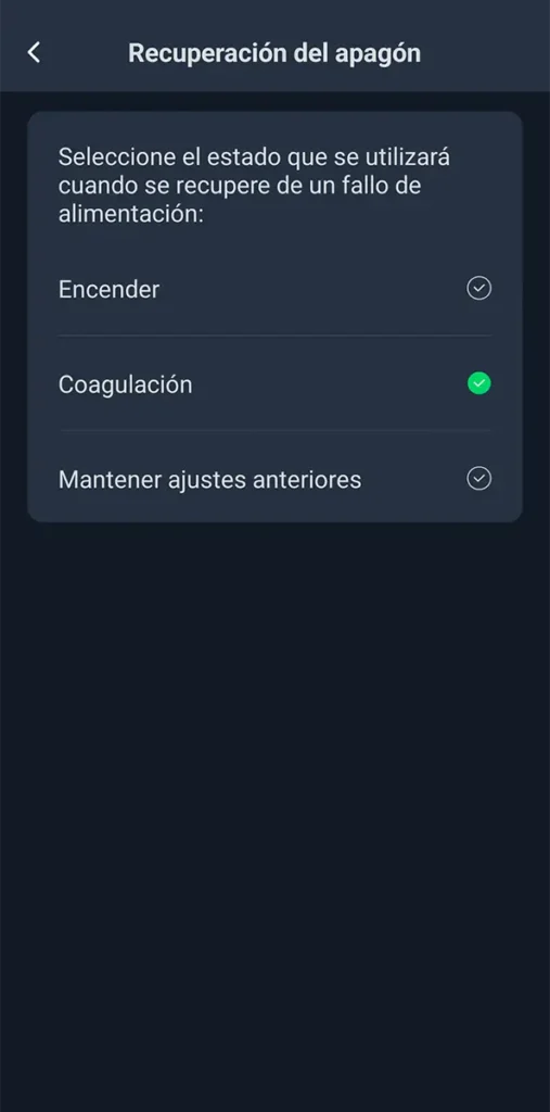 Pantalla de recuperación tras apagón en la app de SwitchBot, donde aparece el fallo de traducción “Coagulación” en lugar de apagado