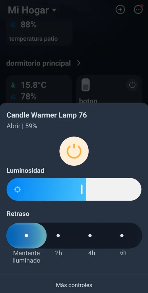 Control rápido del SwitchBot Candle Warmer Lamp en la app, con la lámpara encendida al 59 % y temporizador de 2, 4 o 6 horas