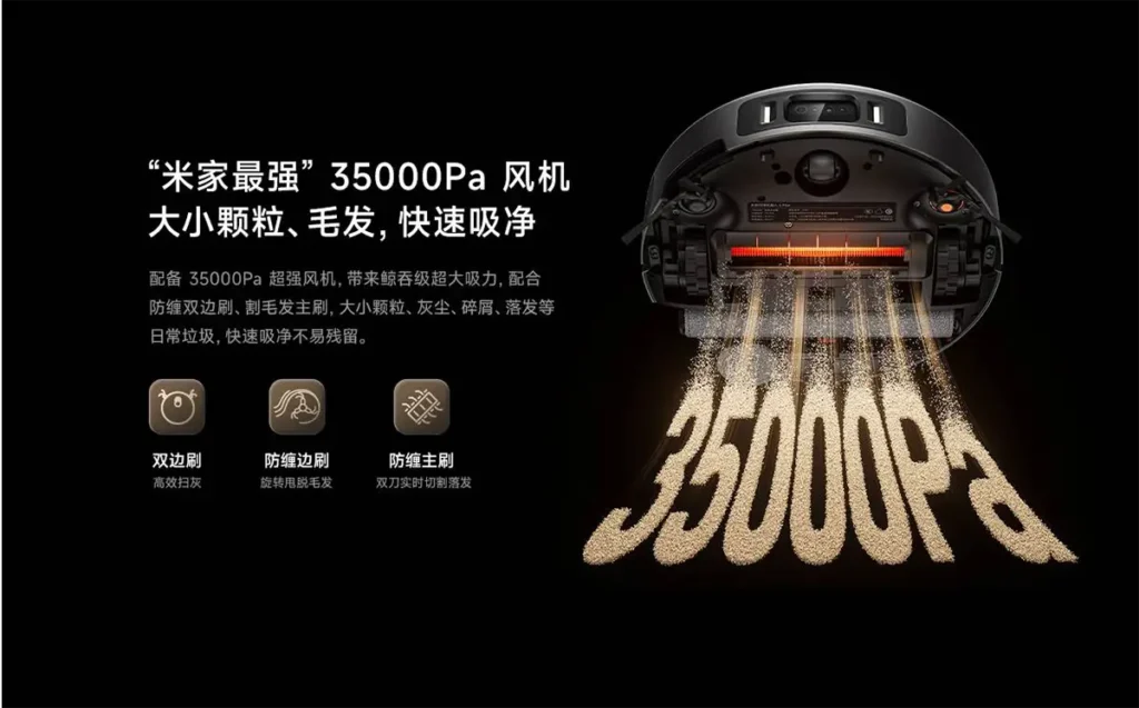 Xiaomi Mijia 6 Max mostrando la potencia de succión de 35.000 Pa y el sistema antienredos en los cepillos