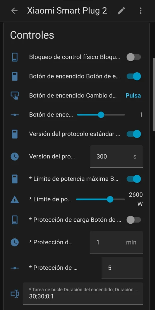 Controles del Xiaomi Smart Plug 2 en Home Assistant con bloqueo físico, límite de potencia máxima y protección por consumo bajo